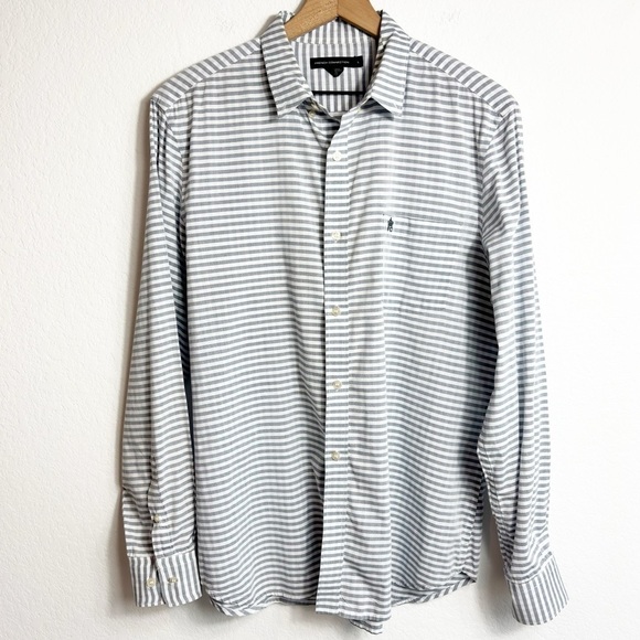 FRENCH CONNECTION MEN BUTTON DOWN LARGE GREY WHITE DRESS SHIRT 100% COTTON - Picture 1 of 6